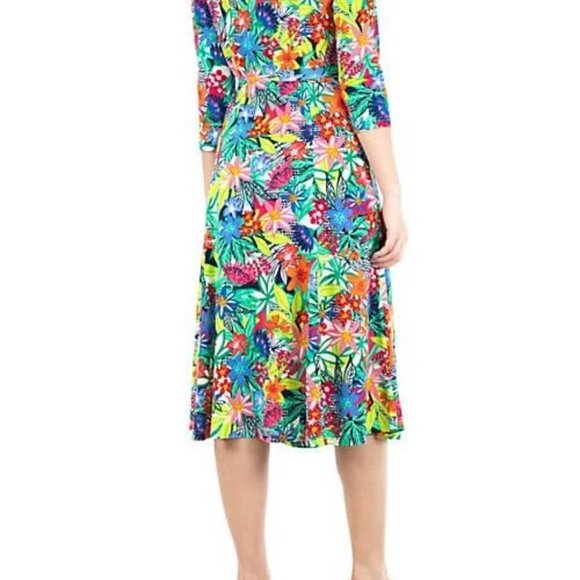 Nina‎ Leonard 3/4 Sleeve Tropical Floral Belted Midi Dress Size S - Picture 8 of 14